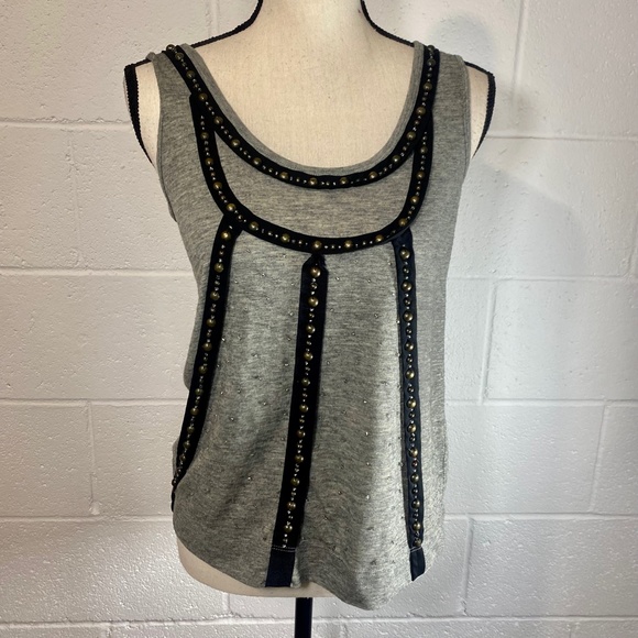 Hi-Line Heather Gray and Black Metal Studded & Beaded Tank Top - Picture 1 of 7